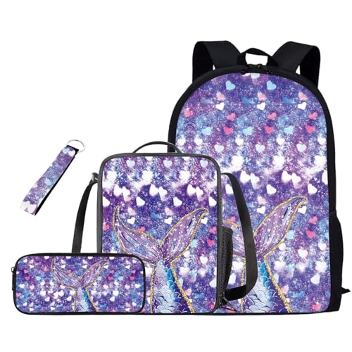 AZULCUSTO Fish Tail Kids Backpack and Lunch Box Set Teen Girls 7-9 Elementary School Supplies Essentials 4 pcs Aesthetic Bookbag Teen Girls School Backpack To Store Pens,Crayon Box,Snacks,and Toys