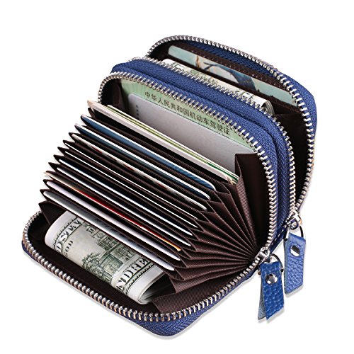 Yafeige Genuine Leather Credit Card Holder with Zipper Womens Card Case RFID Blocking with Zip Around Wallet (Blue2)