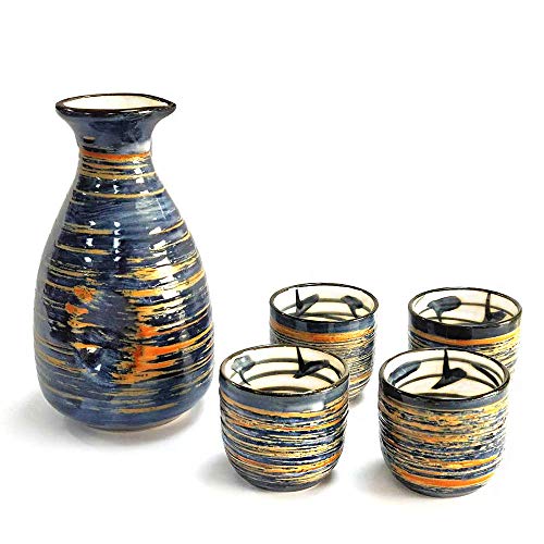 Sake Set Japanese Gifts 5 Pieces Traditional Japanese Sake Cup Set Hand Painted Design Porcelain Pottery Ceramic Cups Crafts Wine Glasses Blue Rich 300 ML