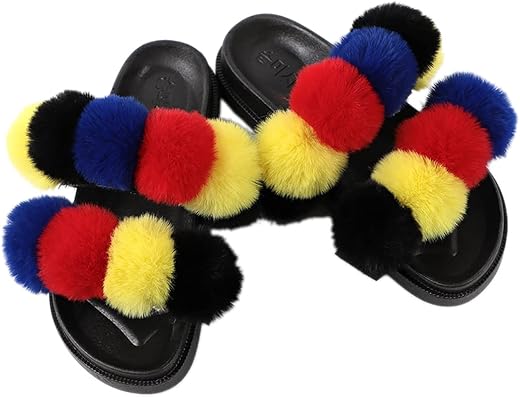 SOWUNO Women Furry Slippers Fashion Decorative Flat Wearproof Creative Soft Pom Pom Ball Fluffy Sandals Flat Casual Long Toe