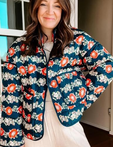 Women's Cropped Puffer Quilted Jacket Lightweight Long Sleeve Padded Floral Print Puffy Cardigan Outwear Coat2