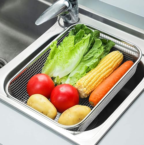 Image of Large Stainless Steel Colander Strainer, 6 Quart Mesh Vegetable Washing Basket, Rectangle Drainer Sink Basket for Vegetable Fruit Food (15 inch x 11 inch x 2.6 inch)