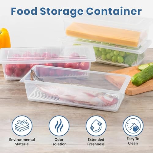 Image of JD FRESH 1500ML Fridge Storage Containers Set of 4 with Removable Drain Plate & Lid | Leak-Proof Stackable Refrigerator Organizer Boxes for Vegetables, Fruits, Snacks|BPA Free, Easy to Clean& Reusable
