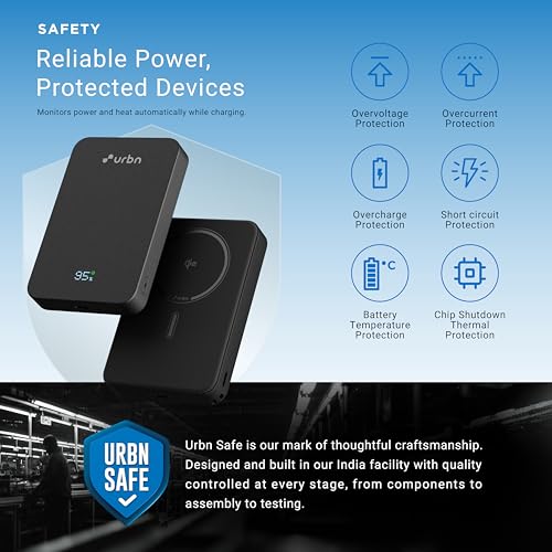 Image of URBN Slate Qi2 MagSafe Power Bank 10000mAh | 15W Magnetic Wireless Charging | 20W USB-C PD Fast Charging | LED Display | Premium Metallic Finish | 1 Year Warranty (Black)