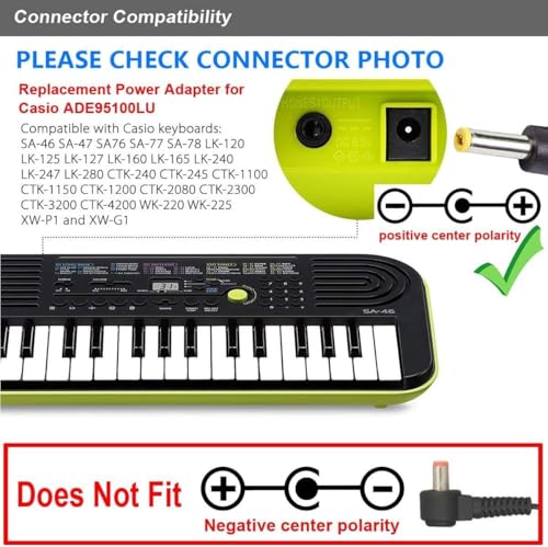 Image of 9.5V AC Adapter Charger Power Supply for Casio AD-E95100L Synthesizer Keyboard SA76 SA77 SA46 SA47 SA78 LK-120 LK-125 LK-127 LK-160 LK-165 LK-240 LK-247 LK-280 CTK-240 CTK-245 CTK-1100 CTK-1150