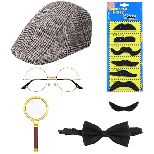 REBECCAGIBSON 6Pcs Accesorios De Disfraz De Detective,Accesorios Para Disfraz De Sherlock Holmes Con Sombrero De Detective Gafas De Bigote Falso Lupa Pajarita Detective Para Cosplay