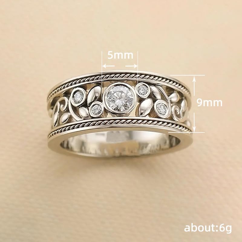 Gixaxak Vintage Eternity Silver CZ Ring Hollow Design Flower Scroll Promise Ring Band Wide 925 Sterling Silver Eternity Statement Stackable Wedding Engagement Bands Gift for Women 104