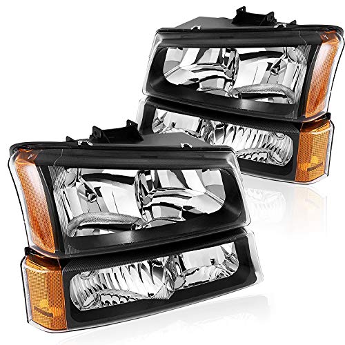 Headlights Assembly for 2003-2007 Chevy Silverado 1500 2500 3500 1500HD 2500HD 2003-2006 Chevy Avalanche with Black Housing Amber Reflector Clear Lens Headlamps Replacement for Driver & Passenger Side