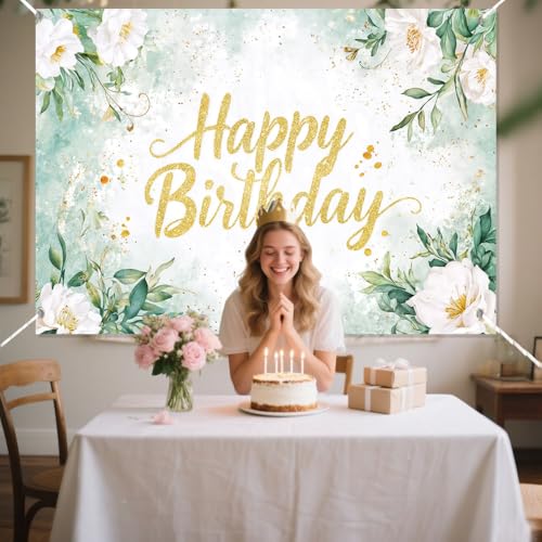 Image of Sage Green Birthday Decoration Backdrop 72X44inch Banner Greenery Eucalyptus Leaves Flower Floral Birthday Party Banner Background Party Decorations for Women Adults Girls