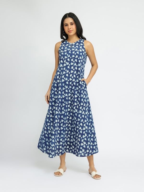 Image of Pink Fort Women Casual Dress | Cotton Fit & Flare Sleeveless Round Neck Midi | Breathable Fabric with Pockets for Summer