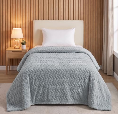 Image of SANMARINO Premium 300 GSM Single Bed Flannel Blanket | Ultra Soft Leaf Emboss Plush Blanket | All Season Lightweight & Cozy | AC Blanket for Bed, Sofa, Couch, Travel & Camping | 152x228 cm,Grey