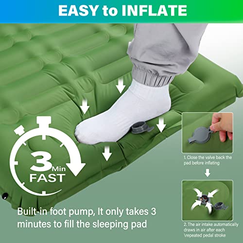 Airensky Camping Sleeping Pad, Extra Large(76\"x 26\") Camping Mat with Built-in Foot Pump, Thick 3.4\" Ultralight Self Inflating Air Mat, Perfect for Car Travel, Hiking, Backpacking Green