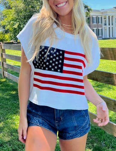 Image of Womens American Flag Sweater Cap Sleeve Summer Crop Tops Crew Neck Loose Fit Knit Sweater Pullover Top