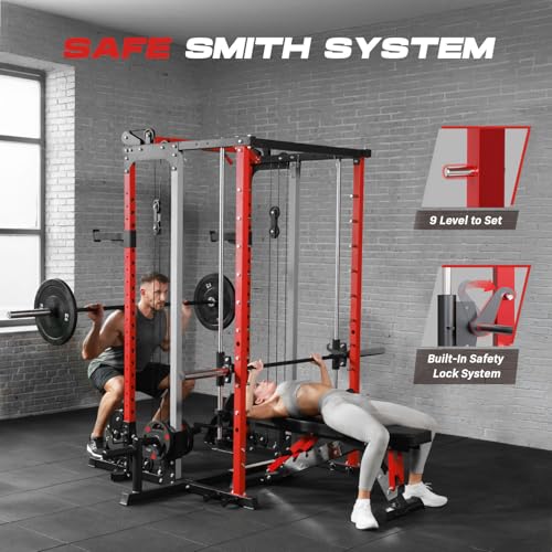 Image of Smith Machine Home Gym, Multi-Function Power Cage with Dual Pulley Cable Crossover System, All-in-One Squat Rack with Smith Bar and Strength Training Attachments for Full-Body Workouts
