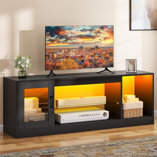 DWVO 148 cm Mueble de TV con Iluminación LED RGB 22 Modos para Televisores hasta 65 Pulgadas Mueble de Salón con Estantes de Cristal Regulables Ideal para Sala de Estar y Dormitorio