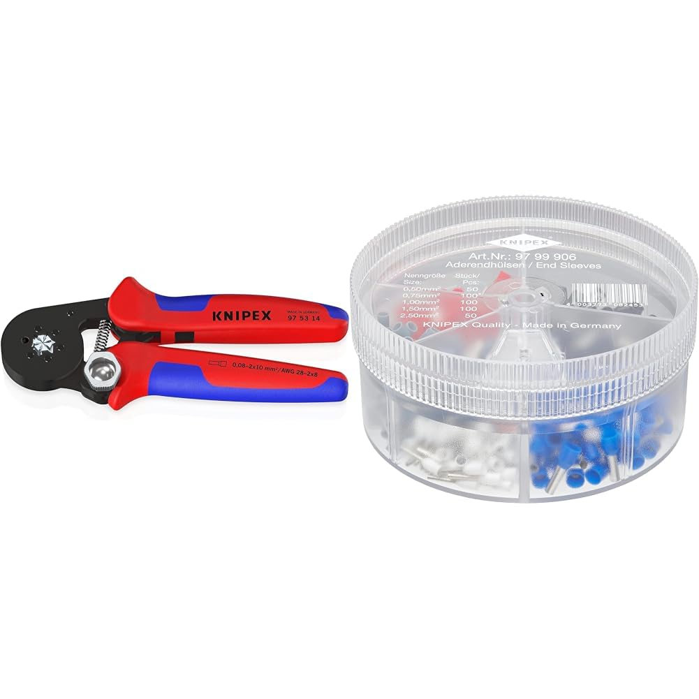 Knipex 97 53 14 Szczypce, Czerwony/Niebieski, 235 x 80 x 25 mm & Knipex Zestawy w pudełku z tulejkami kablowymi izolowanymi 97 99 906