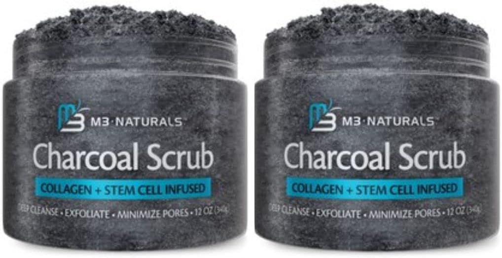 M3 Naturals Charcoal Exfoliating Body Scrub with Collagen & Stem Cell - Gentle Body Exfoliator, Face Scrub, Bump Eraser, Booty Scrub - Best Shower Scrub - Skin Exfoliant for Men & Women 2 Pack