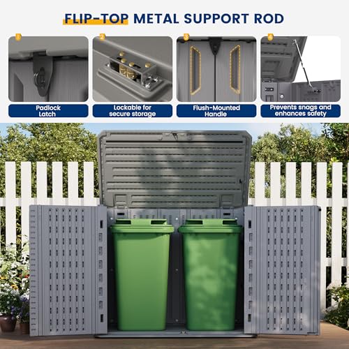 Image of UDPATIO 34 Cu.Ft Resin Storage Shed,Horizontal Outdoor Shed,Grey | HDPE,Easy to Assemble,Lockable,with Floor,Waterproof,Plastic Cabinet,Tool Shed,Small Shed,Generator,Garden,Backyard,Lawn