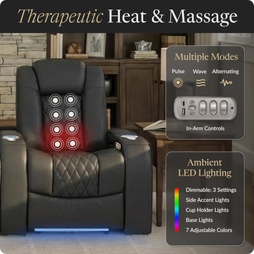 Image of Seatcraft Virtuoso LT Black Italian Leather Home Theater Seating, Zero Gravity Power Recliner, Powered Headrest and Lumbar Gaming and Home Office Chair, Heat and Massage Lounge Sofa, Row of 2