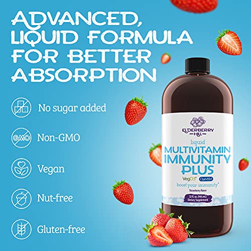 Vegan Liquid Immunity Plus Multivitamin With Antioxidants - Vitamin A B C D3 E K, Zinc, Msm, Amino Acids, Trace Minerals, For Immune Support - Non Gmo For Adults And Kids - Strawberry 32Oz #TOP2