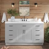 ARIEL Hepburn 60' Grey Bathroom Vanity, 1.5' Edge Carrara Quartz Countertop & Splash, Single Rectangular Sink, 2 Soft Closing Doors, 9 Full Extension Dovetail Drawers, Toe Kick, Matte Black