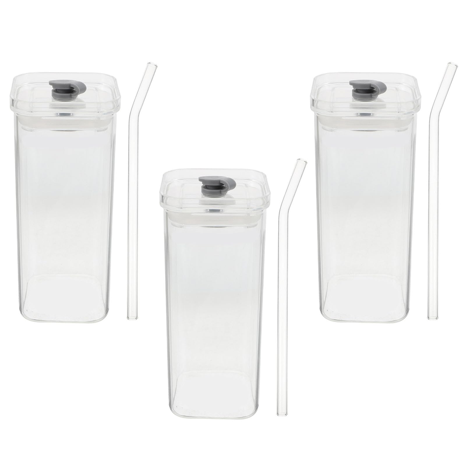 Vasos de vidrio cuadrados de 350 ml con tapa y pajita en juego de 3 piezas para casa