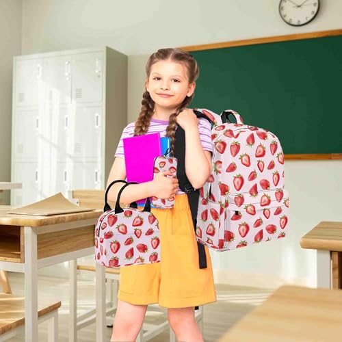 Image of Strawberry Printed Backpack Set for Girls Kids, 3Pcs Bookbag with Pencil Case for Back to School, 17 Inch Lightweight Laptop Backpack with Lunch Bag for Women Teens Office, High School