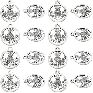 UNICRAFTALE 50pcs Tibetan Style Alloy Pendants Flat Round with Flower Scotland Thistle Charms Antique Silver Necklace Pendants for Women Men Jewelry Making Crafting