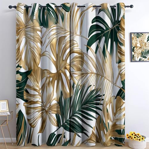 Srigzcaly Juego de 2 cortinas de hojas de palma tropicales con ojales, 183 x 214 cm, multicolor, opacas, aislamiento acústico, protección contra el frío, aislamiento térmico, cortinas de poliéster