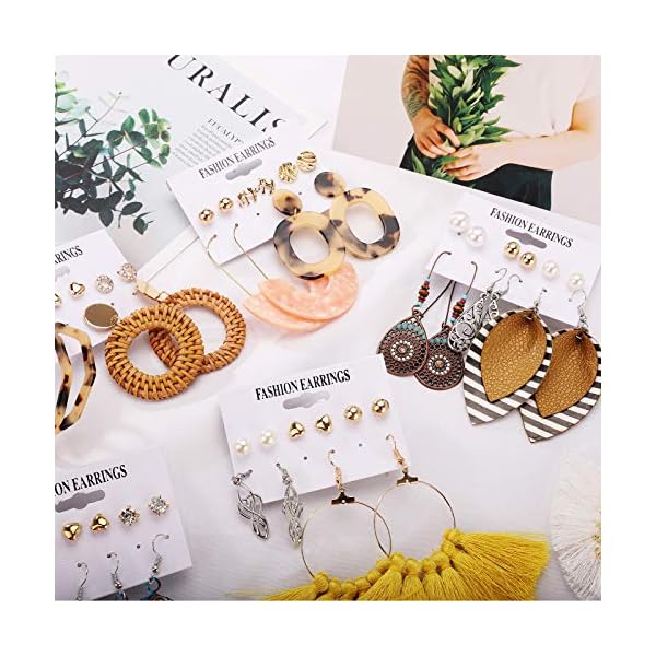 47-Pairs-Fashion-Earrings-for-Women-Girls-Boho-Statement-Tassel-Rattan-Leather-Earrings-Ethnic-Fashion-Butterfly-Stud-Acrylic-Hoop-Silver-Drop-Dangle-Earrings-Set-for-Birthday-Everyday-Jewelry-Gift 47 Pairs Earrings for Women Girls, Boho Statement Tassel Rattan Leather Earrings Butterfly Acrylic Hoop Stud Drop Dangle Earrings Set, Hypoallergenic for Sensitive Ears