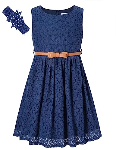 BINPAW Girls Sleeveless Flower Lace Dress for Wedding with Belt