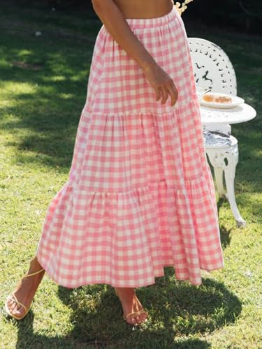 ebossy Women's Candy Color Slim Fit Elastic High Waist Plaid Gingham Tiered Flowy Boho Maxi Skirts with Pockets3
