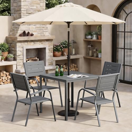 Image of VINGLI Outdoor Patio Dining Set,5 Piece Square Table Patio Furniture Set,HDPE All-Weather Material Outdoor Dining Table and Chair for Garden, Backyard, Poolside,Grey