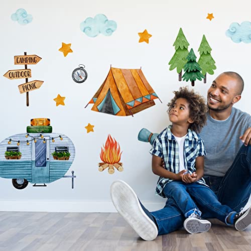 Yovkky Camping Tent Camper Kids Room Wall Decals Stickers, Neutral Outdoor Picnic Rv Bonfire Nursery Playroom Decor, Pine Trees Cloud Stars Girls Boys Bedroom Home Classroom Decorations Art #TOP2
