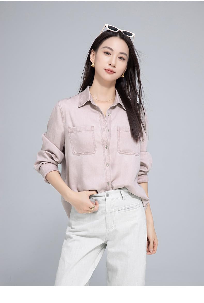 Camisa Vaquera Suave Y Ligera para Mujer, Blusa Vintage Rosa De Manga Larga con Solapa, Botones Y Bolsillos En El Pecho, Camisetas De Algodón, Chaquetas Informales Holgadas