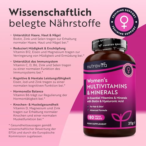 Multivitamine & Mineralien für Frauen - 24 essentielle aktive Vitamine & Mineralien mit zusätzlicher Hyaluronsäure - 180 vegane Tabletten - keine synthetischen Füllstoffe oder Bindemittel - Nutravita