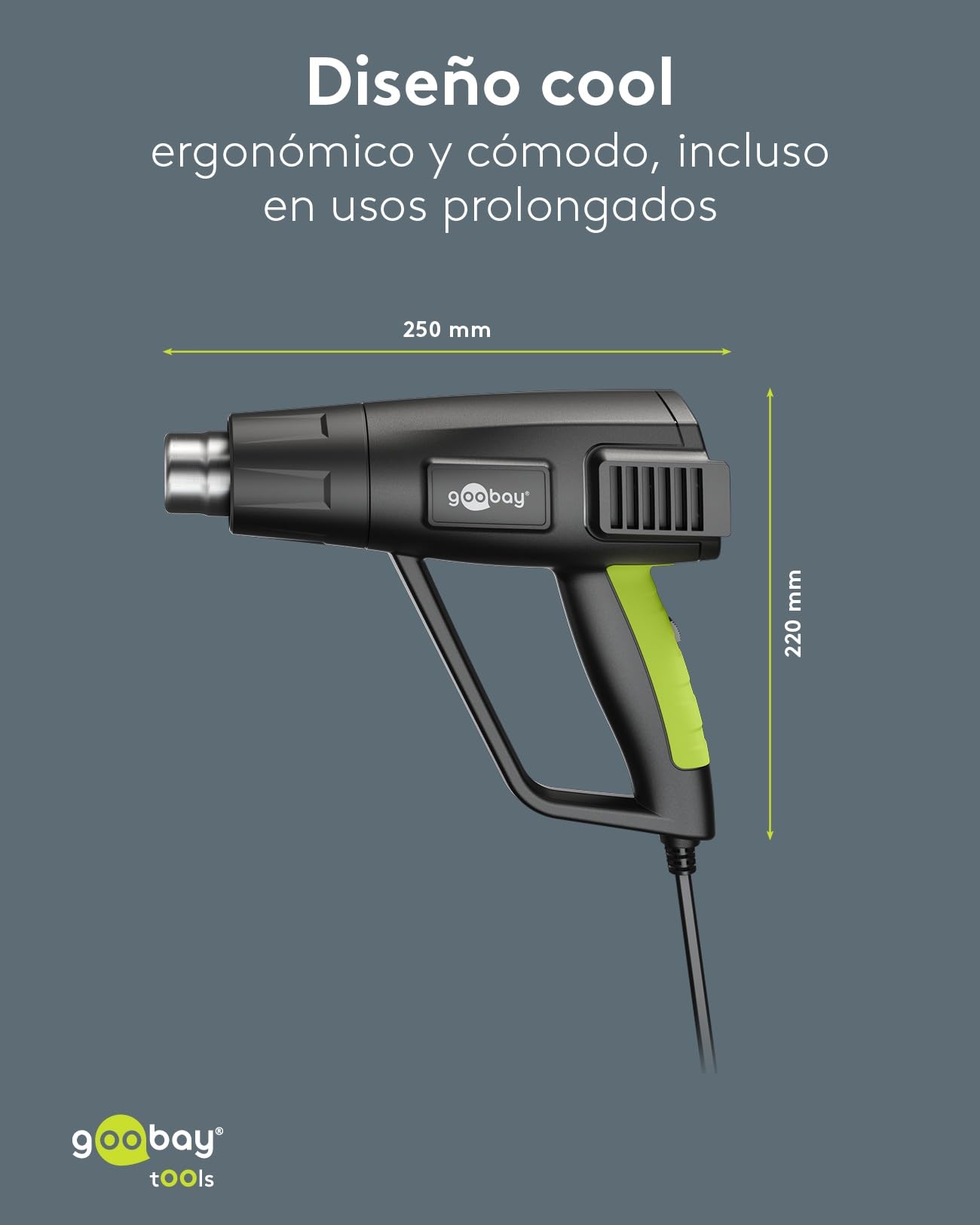 goobay Pistola de aire caliente 1500 W con pantalla LCD, control de temperatura ajustable (100–650 °C), 450 l/min, incluye 4 boquillas, ideal para bricolaje y reparaciones, 77823