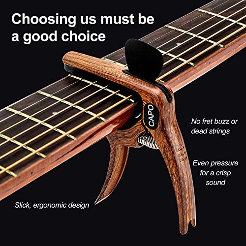 Guitar Capo, 3-In-1 Multifunction Capo For Acoustic And Electric Guitars (Free Bonus 4 Picks) With Pick Holder And Pin Puller, Guitar Accessories, Wood Grain Color #TOP7