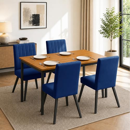 Image of Rosebell Set of 4 Dining Table Chairs with Wooden Top Table, Upholstered Cushioned Chairs, Modern Compact Dining Set for Home, Kitchen & Dining Room (Blue)