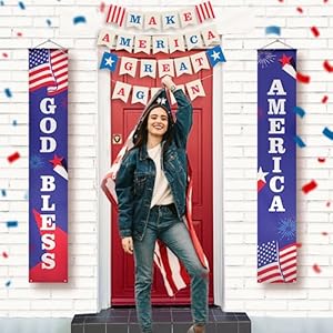 HOUSE OF PARTY 4th of July Decorations |God Bless American Banner | USA Porch Sign Door Banners | Patriotic Decor Outdoor Red White Blue Decor HOUSE OF PARTY 4th of July Decorations God Bless American Banner USA Porch Sign Door Banners Patriotic Decor Outdoor Red White Blue Decor