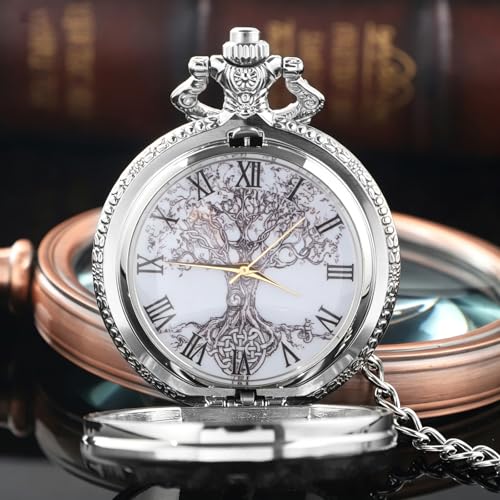 Image of Tiong Pocket Watch Hollow Tree of Life Design Roman Numerals Engraved Bible Verse Quartz Pocket Watch with Chain Custom Pocket Watch Birthday Gifts