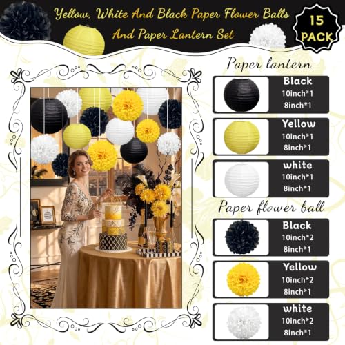 Image of KAXIXI 15-Pack Black Yellow Party Decorations, Paper Lanterns & Pom Poms