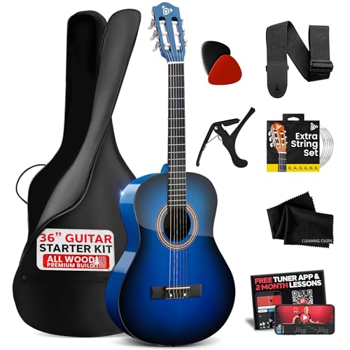 Pyle - Kit de guitarra acústica para principiantes, 3/4 tamaño junior, instrumento de cuerda de nailon...