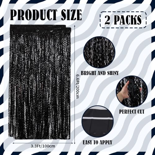 Image of TONIFUL 2Pcs Wavy Black Metallic Tinsel Foil Fringe Curtains Streamers | 3.3ftx6.6ft Photo Booth Backdrop Tinsel Streamer Curtain, Props for Bachelorette Birthday New Year Graduation Halloween Decor