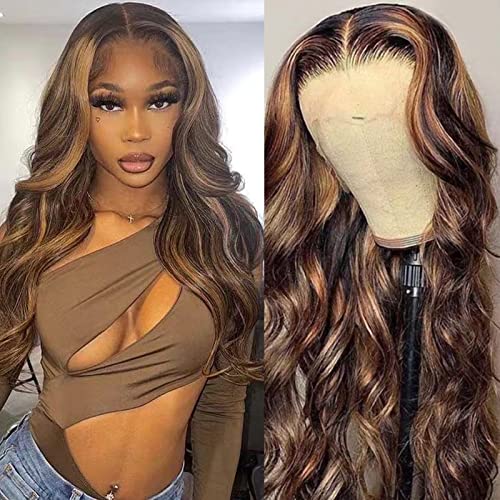 Ombre Highlight Lace Front Wig Human Hair 4/27 Body Wave Human Hair Wigs T Part Brazilian Virgin Lace Frontal Wigs Pre Plucked with Baby Hair 150 density for Women 18 Inch