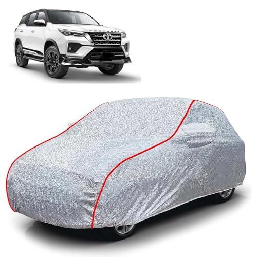 Image of Sulfar 100% Waterproof Car Body Cover Compatible with Mirror for Toyota Fortuner (Triple Stitched, Full Bottom Elastic, Magic Silver with Red Piping)