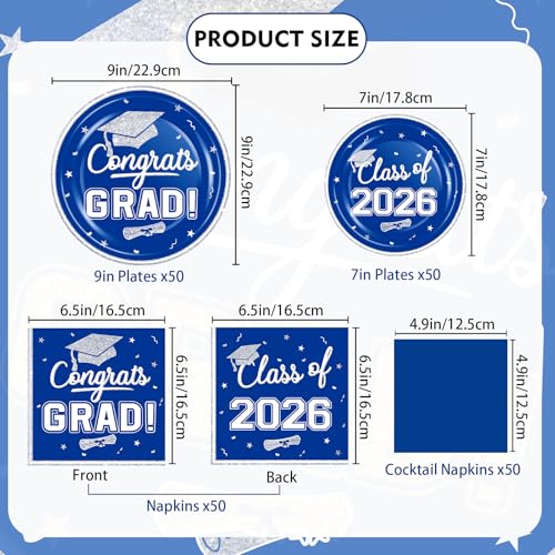 OuMuaMua 2026 Graduation Party Dinnerware Supplies - 200 Pcs Blue White Graduation Disposable Plates and Napkins for 2026 College High School Graduation Party Decorations, Serves 50 by OuMuaMua - Used condition - Image 3