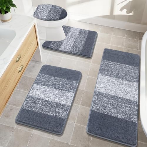 Bsmathom Bathroom Rugs Sets 4 Piece, Soft Absorbent Microfiber Bath Rugs with U-Shaped Contour Toilet Rug and Toilet Lid Cover, Thick Non-Slip Plush Shaggy Bath Mat Set,Dark Gray