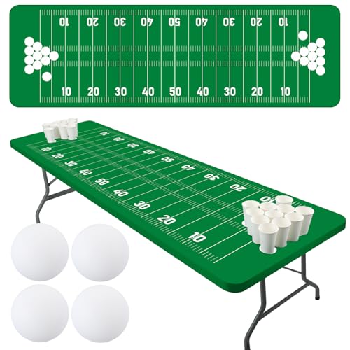 Moukeren 8ft Cup Table Tennis Game Tablecloth Set with 4 Pcs Balls Elastic Edged Cup Toss Rectangle Cover Football Tailgate Game Day Party Decorations for Backyard Bar Supplies