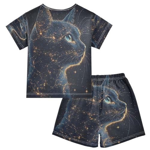ALAZA Cat Constellation Space Black Pajamas Set Short Sleeve Cotton Sleepwear Summer Pjs 2 Piece 5-14Y2